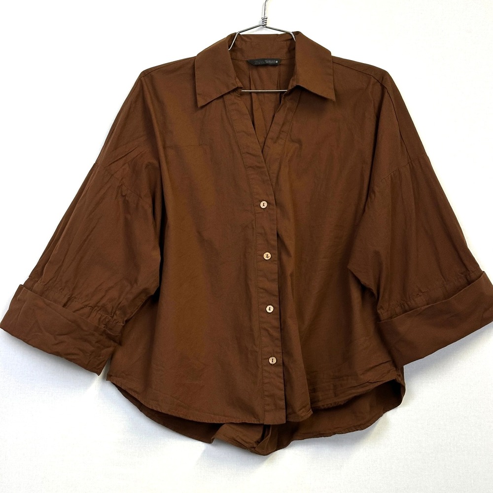 Zara Oversized Cotton Button Down Shirt Womens XS Brown Cuffed Sleeve